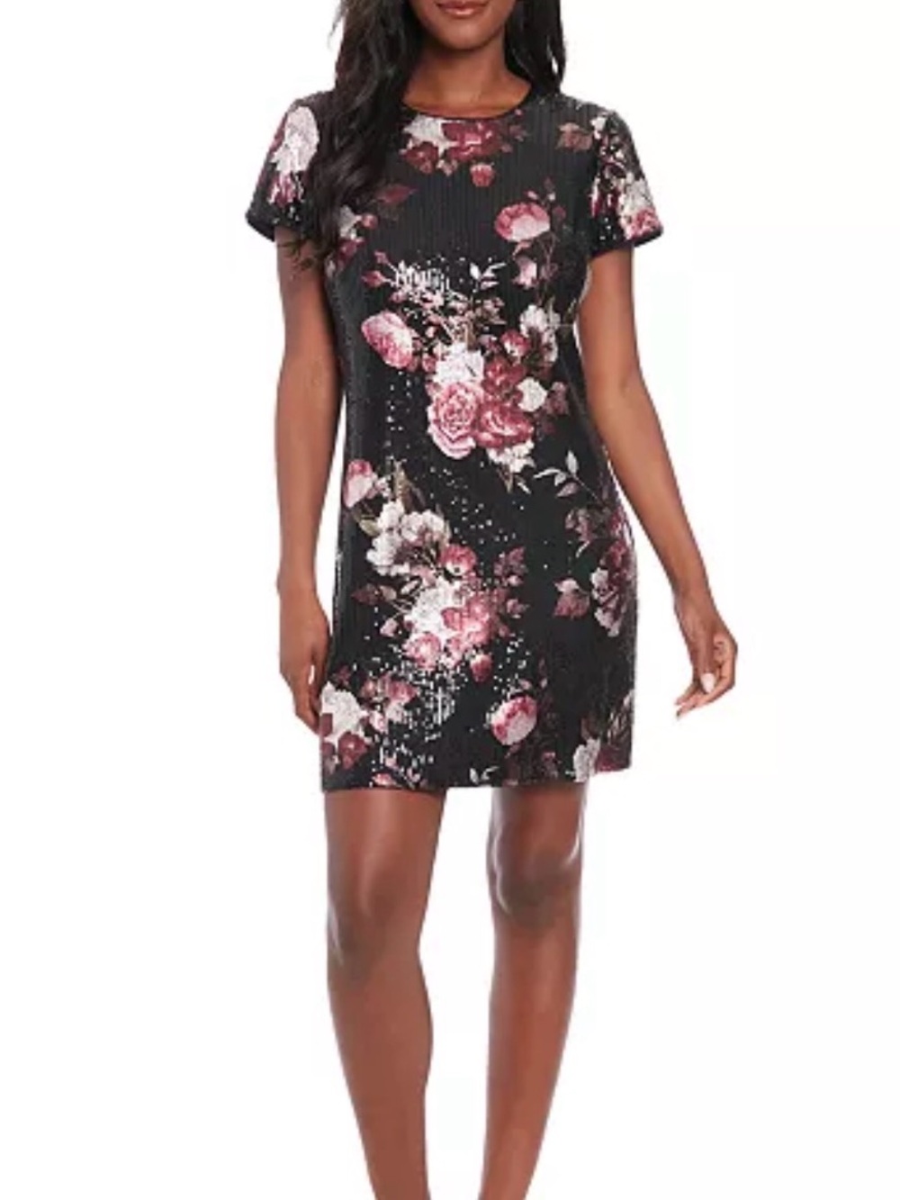 London Times Black Shift Dress with Pink Floral Print